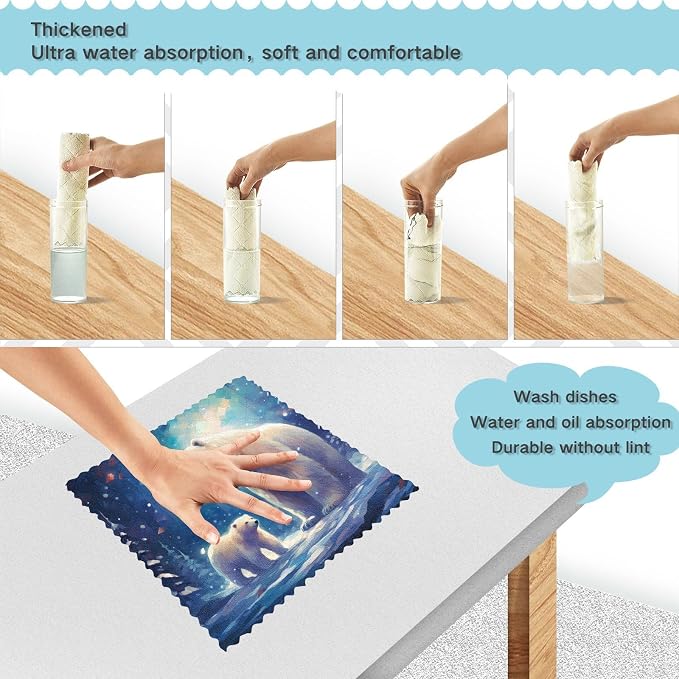 ALAZA Dish Towels - Polar Bear (2) Absorbent Kitchen Towels, Lint Free Bar Tea Soft Towel Kitchen Accessories Set of 6, 11"x11"