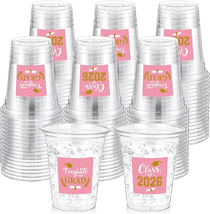 Amyhill 60 Pack 12oz Graduation Cups 2026 Graduation Decorations Disposable Plastic Cups Sturdy&Durable Drinkware for Class of 2026 Decorations Congrats Grad Party Favors Supplies (Pink)
