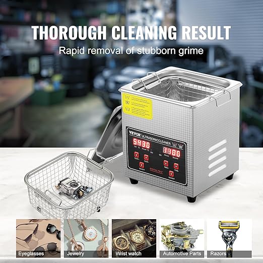 VEVOR Sonic Cleaner with Digital Timer & Heater, Professional Ultra Sonic Parts Cleaner, Stainless Steel Heated Cleaning Machine for Glasses Watch Rings Jewelry Circuit Board (2L)
