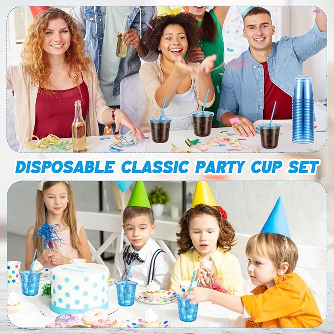 Ziliny 50 Sets Clear Round Bottom Plastic Cups with Lids and Straws, Cute Disposable Drinking Coffee Cups, for Christmas Valentine's Galentine's Day Party Wedding Birthday Supplies (12oz,Blue)