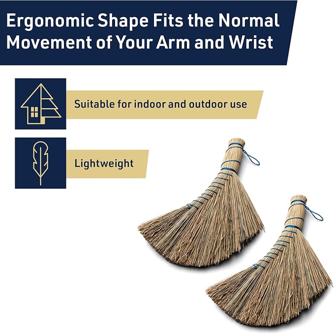 Set of 2 Natural Straw Whisk Brooms - 12.5 Inch Small Hand Broom Set with Ergonomic Shape for Multi-Surface Cleaning - Stiff Bristle Brushes for Indoor and Outdoor Use by Kings County Tools