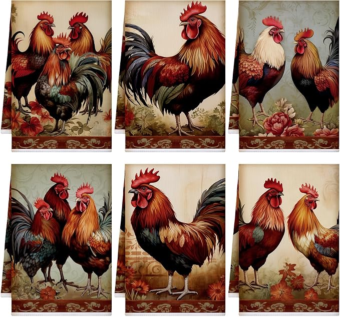 Bencailor 6 Pcs Farmhouse Kitchen Towels Chicken Rooster Kitchen Decor Farm Animal Hand Towels for Cooking Baking Housewarming Gift,15.75 x 23.62 inch(Rust Red,Retro Rooster)