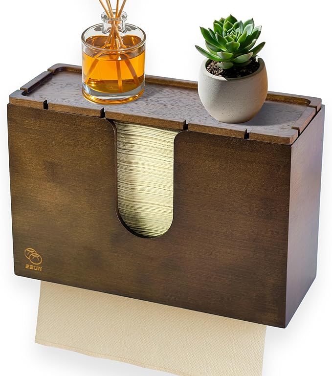eBun Bamboo C Fold Paper Towel Dispenser – Wall Mount & Countertop Napkin Holder for Multifold, Z-Fold Styles, Modern Farmhouse Paper Towel Holder for Bathroom, Kitchen, Office & Commercial Use, Brown