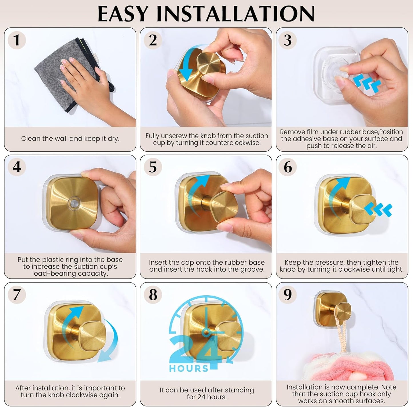 Suction Cup Hooks for Shower - Reusable No-Drill Mounting - Hooks for Towels, Robes & Loofah on Metal, Glass, Mirrors, Tile & Smooth Non-Porous Surfaces (2, Brushed Gold)