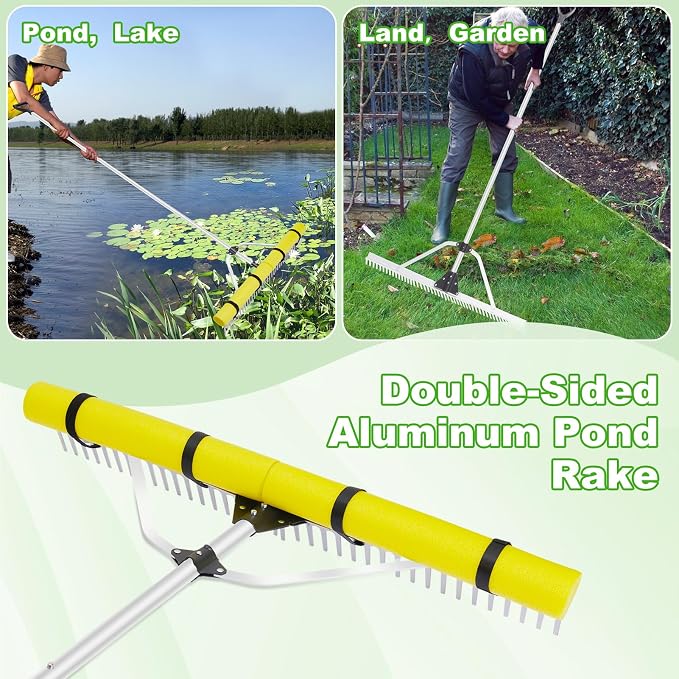 Pond Rake Aquatic Weed Rake,Detachable Float Lake Rakes,Aluminum Landscape Rake for Outdoor Pond with Extension Rope,Weed and Algae Removal,Upgraded Rakes Foam Fixing Velcro and carabiners