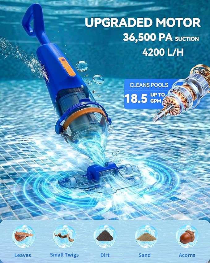 Pool Vacuum for Above Ground & Inground Pools, Handheld Pool Vacuum Cleaner with Wireless Remote, Dual Cleaning Heads, 69.3" Telescopic Pole, 18.5 GPM Suction, 75 Min Runtime for Spa & Hot Tub, Blue