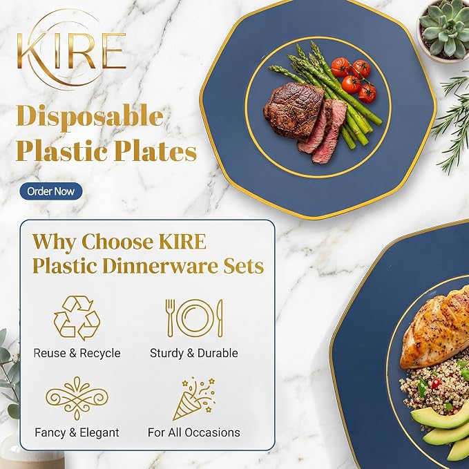 KIRE 140Pcs Blue Plastic Plates with Gold Rim - Gold Disposable Plastic Silverware with Blue Handle&Clear Cups&Hand Napkin - Geometric Party Plates for Memorial Day/Party/Graduation/Father's Day