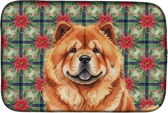 Caroline's Treasures Red Chow Chow Christmas PoinsettIas Dish Drying Mat Absorbent Dish Drying Mat Pad for Kitchen Counter Dish Drainer Mat for Countertop, 14 x 21", Multicolor