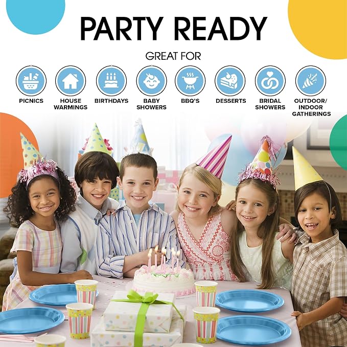 Exquisite Party Solids Light Blue Plates Disposable Light Blue Plastic Plates 100 Pieces - 50-7" & 50-9" Heavy Duty 350 GSM Disposable Dinnerware Sets, Plastic Dinnerware Sets