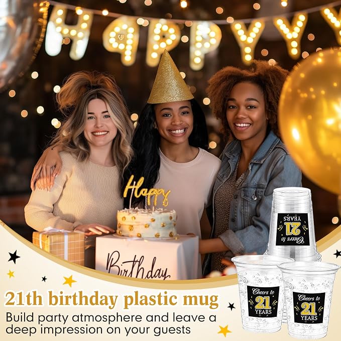 Funnymoom 100 Pack 21th Birthday Cup 12 oz Cheers to 21 Years Happy Birthday Disposable Clear Plastic Cups for Him Men Women Wedding Anniversary Decorations Party Favors