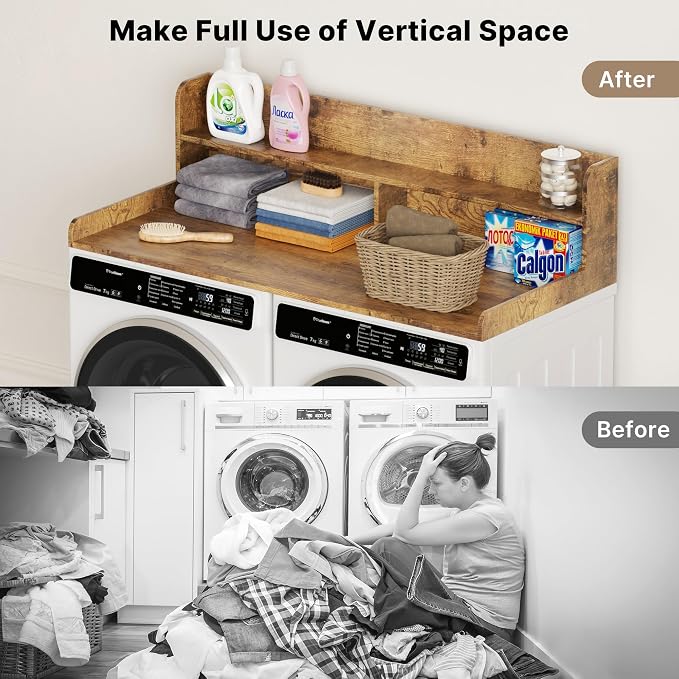 Washer Dryer Countertop with Non-Slip Pads, 2.75" H Guard, 54" W x 27.5" D Wood Laundry Countertop Cover, Large Space Washer Dryer Topper for Laundry Room Organization(Tiger Stripe)