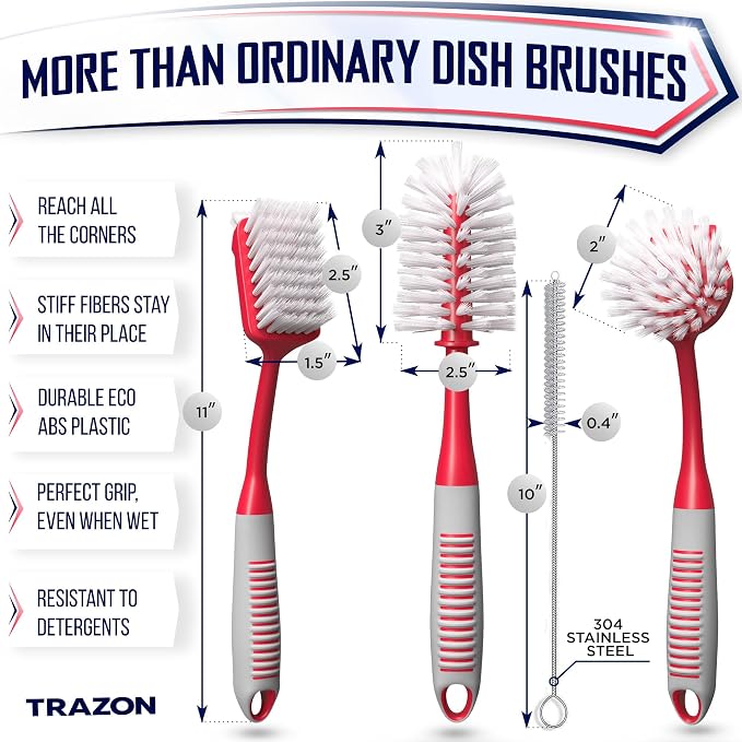 Dish Brush Set of 4 with Bottle Water Brush, Dish Scrub Brush, Scrubber Brush and Straw Brush + Scrub Brushes Set of 3 for Cleaning Bathroom, Shower, Tile, Kitchen, Floor, Bathtub.