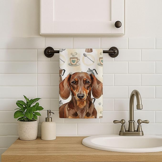Caroline's Treasures Chocolate and Tan Dachshund Coffee Bar Kitchen Towel Velour Plush Front and Cotton Loop Back Machine Washable