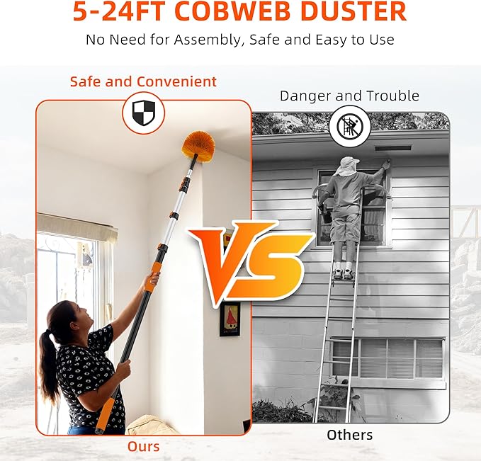 30 FT Reach Cobweb Duster with 5-24 FT Telescoping Pole, Dual Action Flip-Lock & Screw Fixing Design, Washable Reusable Duster for High Ceilings, Fans & Home Cleaning