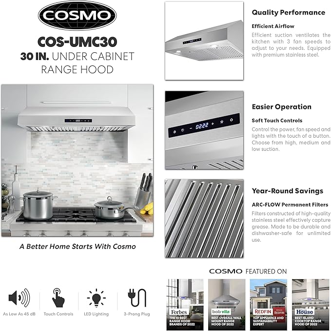 COSMO UMC30 30 in. Haven Collection 380 CFM Ducted Under Cabinet Range Hood, LED Lights, Touch Controls, Stainless Steel