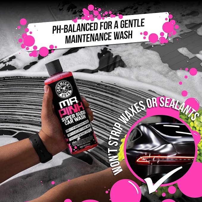 Chemical Guys Mr. Pink Super Suds Car Wash Soap Plus Chenille Premium Microfiber Wash Mitt Bundle Kit, High Foaming Pink Shampoo And Scratch Free Wash Mitt For Cars Trucks SUVs Daily Drivers, 64 Fl Oz