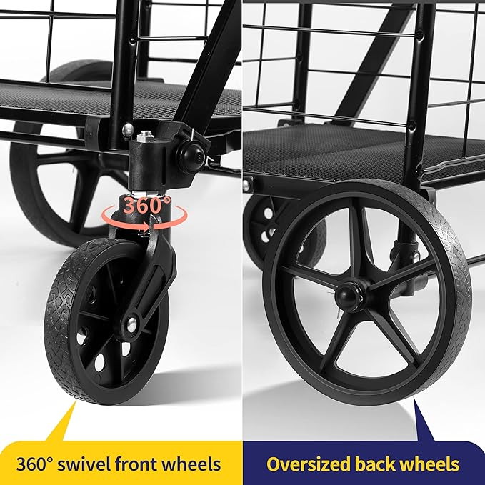 BIEAMA Folding Shopping Cart, 340 Lb Capacity Grocery Cart, Large Size | Heavy Duty Utility Cart with 360 Rolling Swivel Wheels, Extra Basket