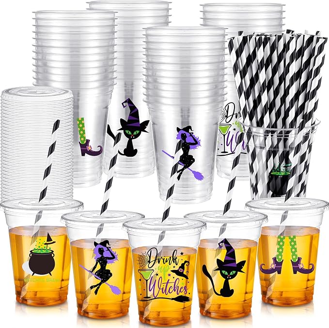 Bokon 100 Sets 12 oz Halloween Cups Witch Theme Clear Plastic Disposable Cups with Lids and Paper Straws Halloween Party Supplies for Party Coffee Beer Beverage Ice Cream Snack Candy