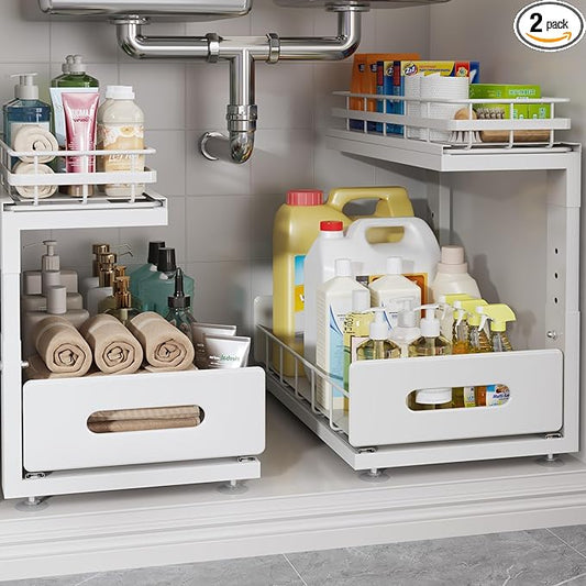 Under Sink Organizer Upgrade To Professional Rails,2-Tier Dual Pull Out Cabinet Storage,Height Adjustable Slide Out Drawers For Bathroom Kitchen,2 Pack-14.5"Dx12.8"-16.9"H,White