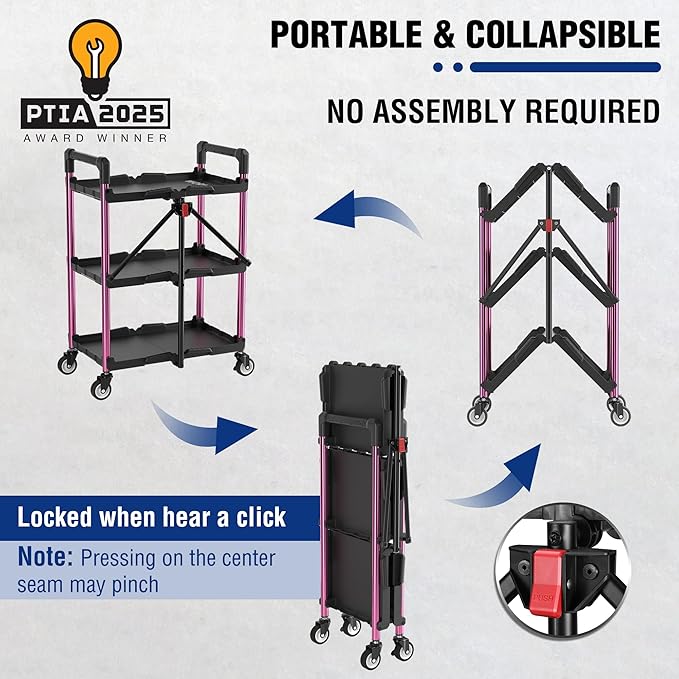 WORKPRO 3-Tier Collapsible Service Cart, Black/Pink, 210 LBS Foldable Utility Cart with Wheels, Portable Rolling Tool Cart for Garage, Warehouse, Home, Restaurant and Office (No Assembly Required)