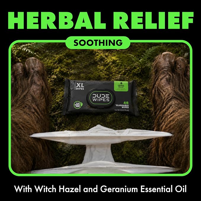 DUDE Wipes Herbal Relief Flushable Wipes - Extra-Large Adult Wet Wipes - 3 Pack (144 Count) - Infused with Soothing Witch Hazel, Geranium Essential Oils, Vitamin E, and Aloe - Septic and Sewer Safe