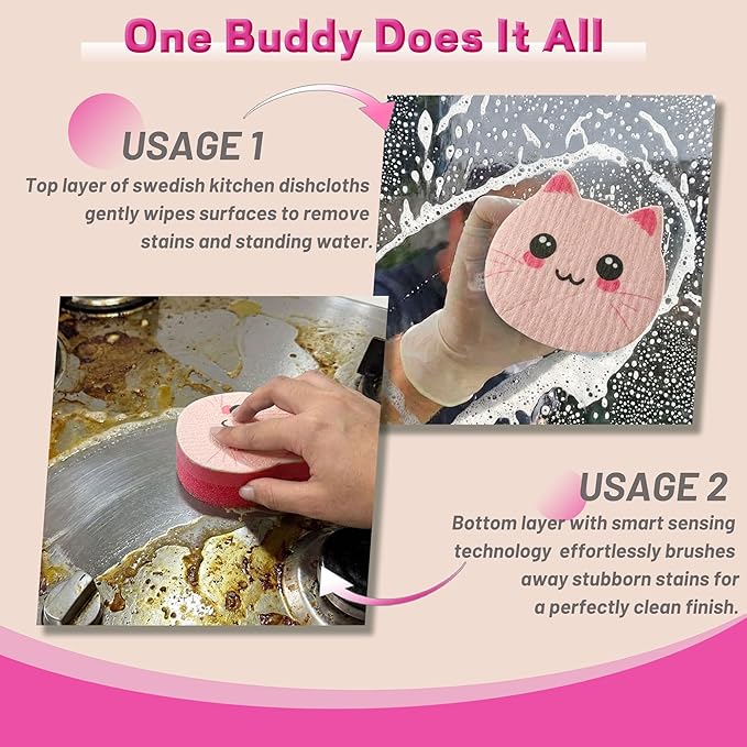 Bulimumu 3-Layer Cat Print Dish Sponge (6 Pack) - Swedish Dishcloth Top + Soft Sponge Middle + Smart Temperature-Sensing Scrubber - Dual-Action Non-Scratch Kitchen Cleaning