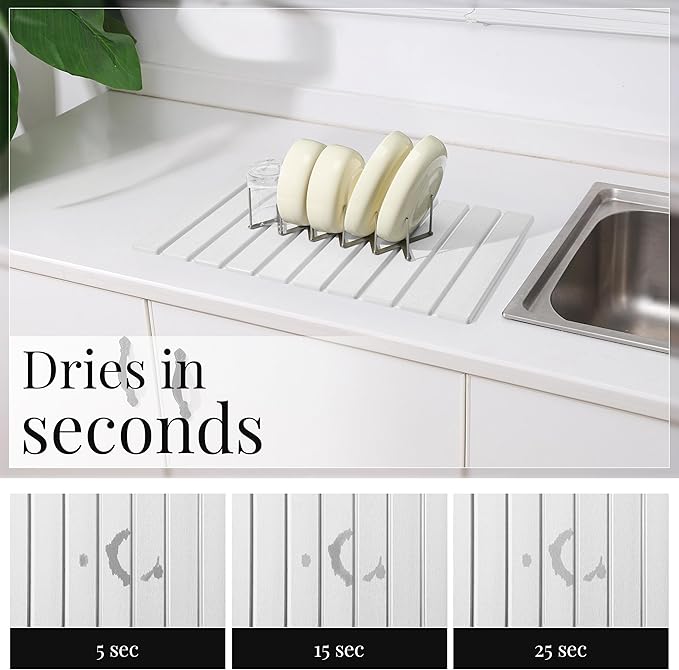Diatomaceous Stone Dish Drying Mat with Collapsible Steel Rack - Quick Dry Kitchen Counter Set, Space Saving Foldable Dryer