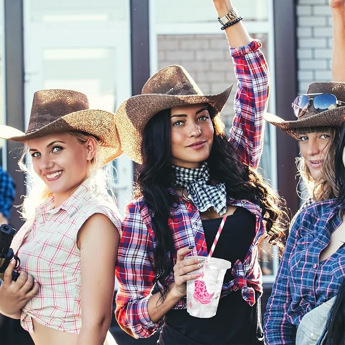 FYSUIMU 50Pcs Western Cowgirl Disposable Plastic Cups with Lids and Straws 12Oz Pink Preppy Cowboy Boot Hat Cold Beverage Drink Cup for Rodeo Birthday Party Supplies