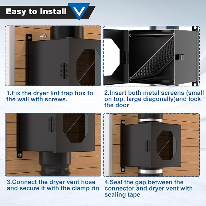 Dryer Lint Trap, Metal Dryer Duct Lint Trap Lint Catcher Collector Box with 90 Degree Dryer Vent Elbow Connector Kit 2 Filter Screens 4 inch Exhaust Hose Clamps Aluminum Foil Tape Cleaning Brush