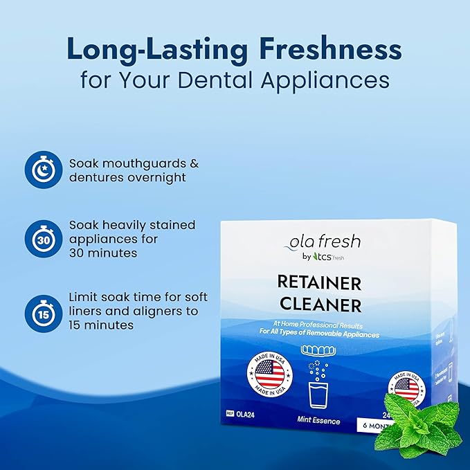 TCS Fresh Retainer Cleaner – Powder Solution for Denture, Aligner, Nightguard, Mouthguard & Retainer – Mint Essence Flavor, 24 Packets (6 Month Supply)