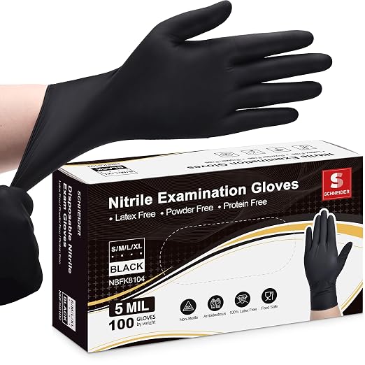 Black Vinyl Exam Gloves 4 mil 100-ct Box + Thicker Nitrile Exam Gloves 5 mil 100-ct Box(Large)