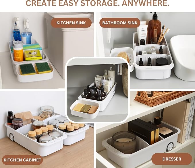 GAROOD Kitchen Under Sink Organizer Cleaning Supply Caddy Storage Bin Under Sink Caddy Rolling Cleaning Organizer with wheels Pull out tray Bathroom Kitchen Organizers Storage 16.5*8*3.75 in - 1 pack