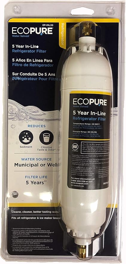 EcoPure EPINL30 5 Year in-Line Refrigerator Filter-Universal Includes Both 1/4" Compression and Push to Connect Fittings, White & Affresh Washing Machine Cleaner, 6 Month Supply
