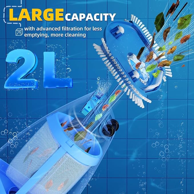 Cordless Pool Vacuum, 1950 GPH Powerful Suction, Handheld Pool Cleaner with Telescopic Pole, 60 Min Runtime, 2L Large Capacity, Rechargeable for Above Ground & Inground Pools, Spas & Hot Tubs