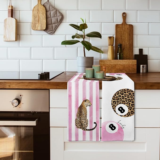 Trendy Leopard Cheetah Print Poker Lucky 8 Ball Bathroom Decor, Preppy Funky Pink Stripe Decor Dish Hand Towels for Bathroom Kitchen Sets of 2, Cheetah Kitchen Towels and Dishcloths, 16x24in