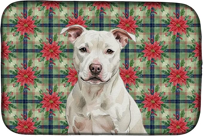 Caroline's Treasures White Staffordshire Bull Terrier Christmas PoinsettIas Dish Drying Mat Absorbent Dish Drying Mat Pad for Kitchen Counter Dish Drainer Mat for Countertop, 14 x 21", Multicolor