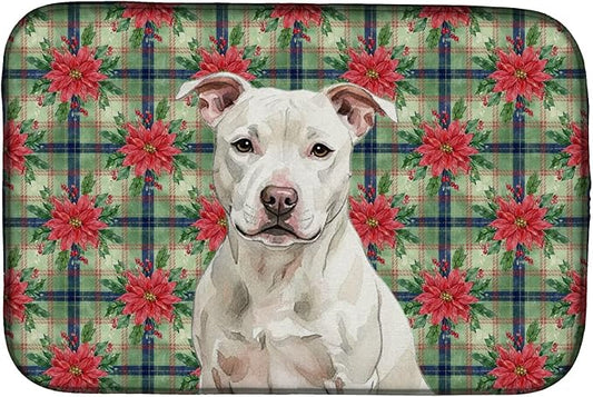 Caroline's Treasures White Staffordshire Bull Terrier Christmas PoinsettIas Dish Drying Mat Absorbent Dish Drying Mat Pad for Kitchen Counter Dish Drainer Mat for Countertop, 14 x 21", Multicolor