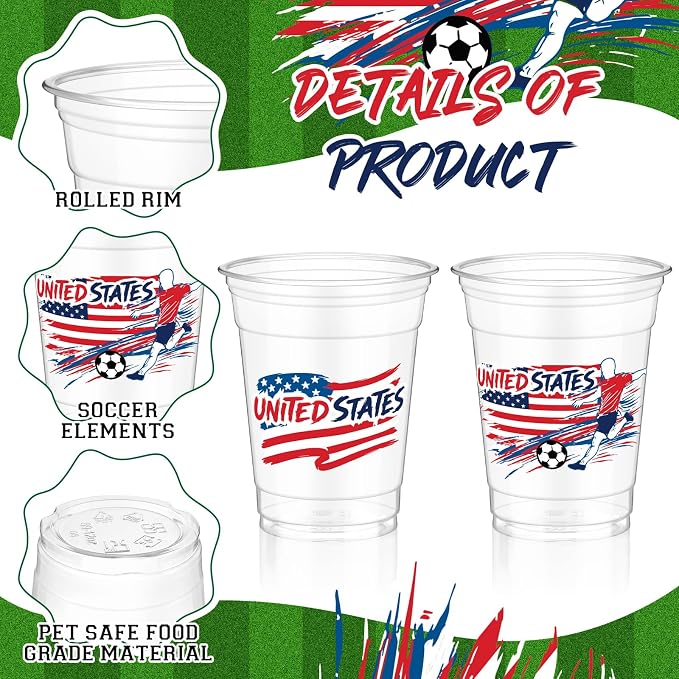 Jingmore 50 Pcs Soccer Plastic Cups 12 oz International Countries Soccer Disposable Plastic Cups Thick Clear Drinkware for Sports Games Party Supplies (United States)