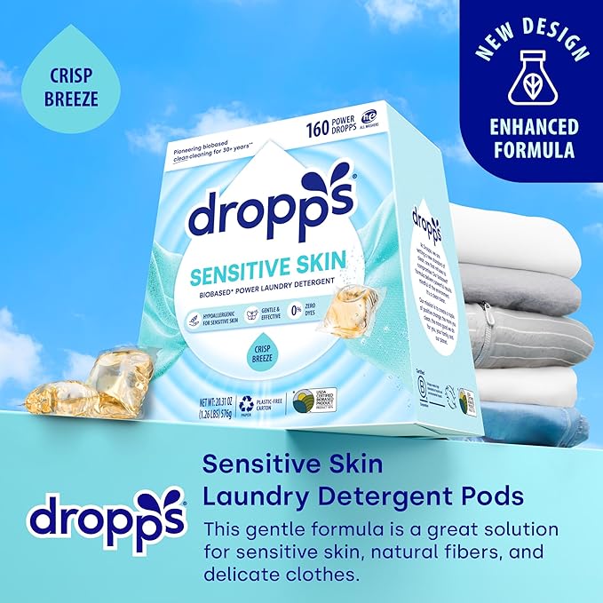Dropps Sensitive Skin Laundry Detergent Pods, Crisp Breeze (160 Count) - Hypoallergenic & Dermatologist Tested | Dye Free | Laundry Pods for Sensitive Skin | Clean Ingredients | Plastic Free Packaging