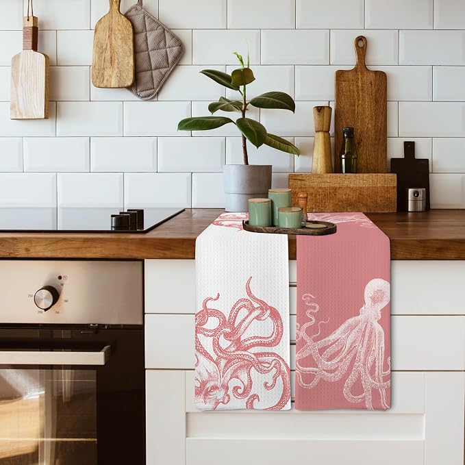 Coastal Pink Octopus Beach Decor Dish Hand Tea Towels for Bathroom Kitchen, Girly Octopus Ocean Nautical Beachy Bathroom Decor, Coastal Kitchen Towels and Dishcloths Sets of 2, 16x24 Inch