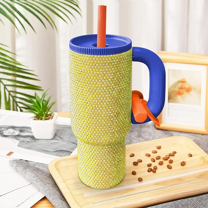 HWISDMIG 40oz Tumbler with Handle-Glitter Rhinestones Tumbler Bling Cups Stainless Steel Water Bottle Diamond Studded Tumbler for Women-Birthday Gifts for Women, Mom, Girlfriend (Golden Glow)