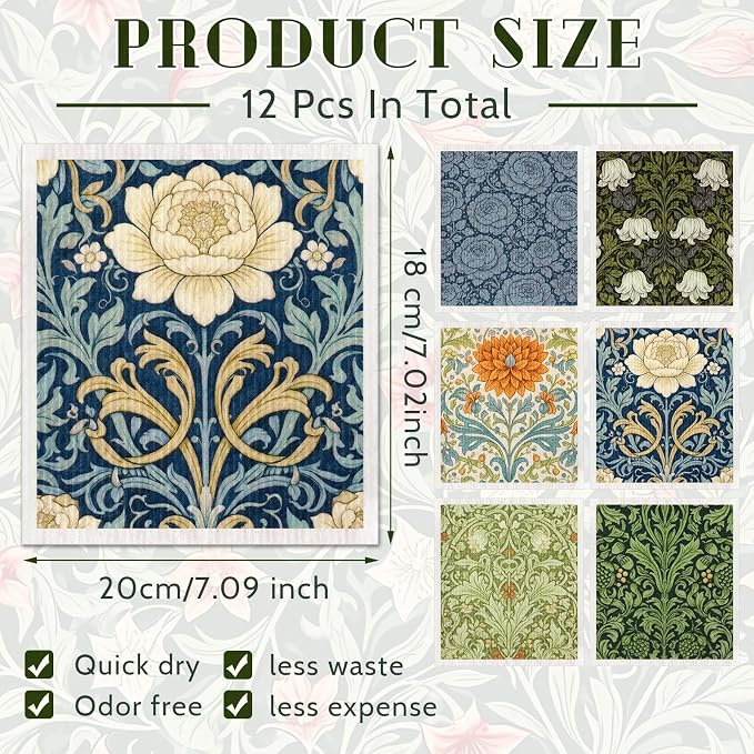Mifoci 12 Pcs William Morris Swedish Kitchen Dishcloths 7 x 8 Inch Reusable Vintage Floral Dish Towels Absorbent Cotton Cleaning Cloths for Kitchen Cleaning Wipes Housewarming