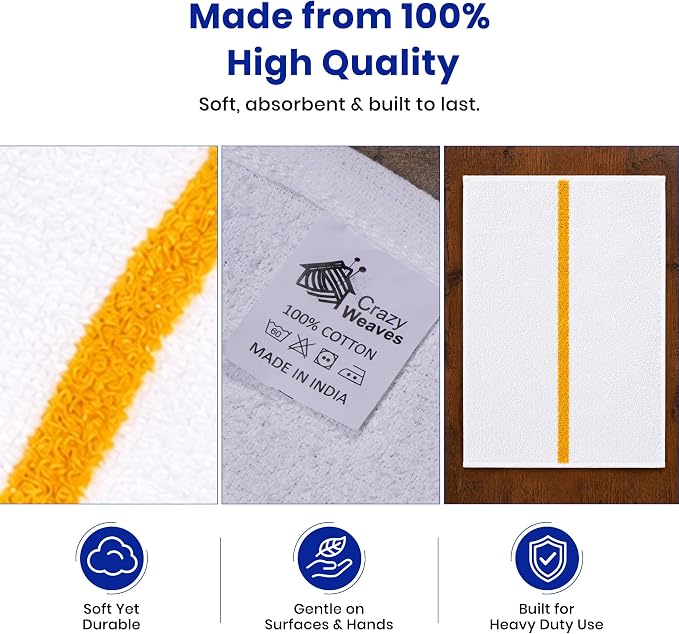 Bar Mops Pack of 24 (14" x 19") - 100% Cotton Cleaning Rags for Housekeeping - Thick, Absorbent, Reusable Bar Towels for Cleaning House & Restaurant - Kitchen Towels Bulk (Yellow Stripe)