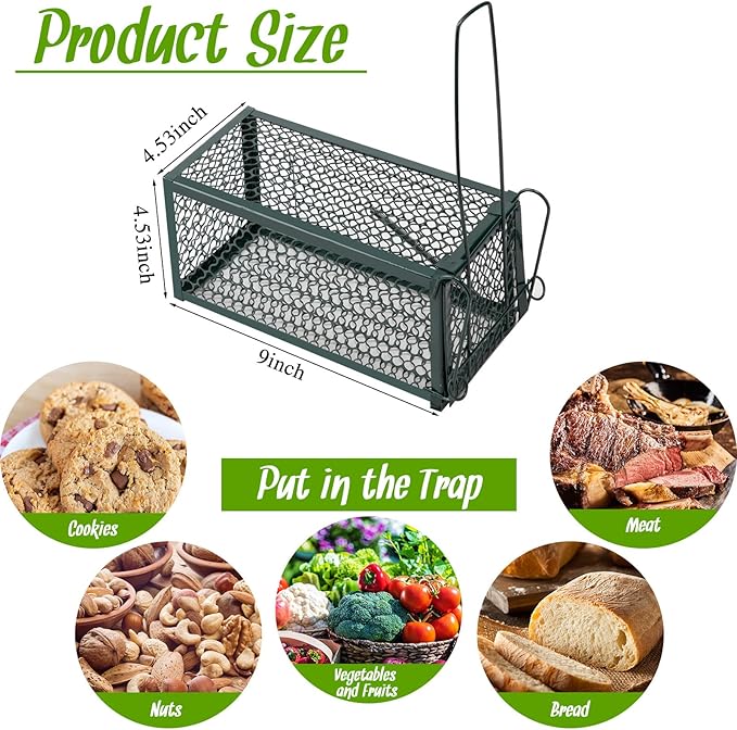 Qualirey 2 Pcs Humane Rat Trap Chipmunk Rodent Mouse Squirrel Trap 9.1 x 4.5 x 4.5 Inches Live Animal Mouse Voles Hamsters Live Cage Rat Cage for Mice Easy to Catch and Release (Green)