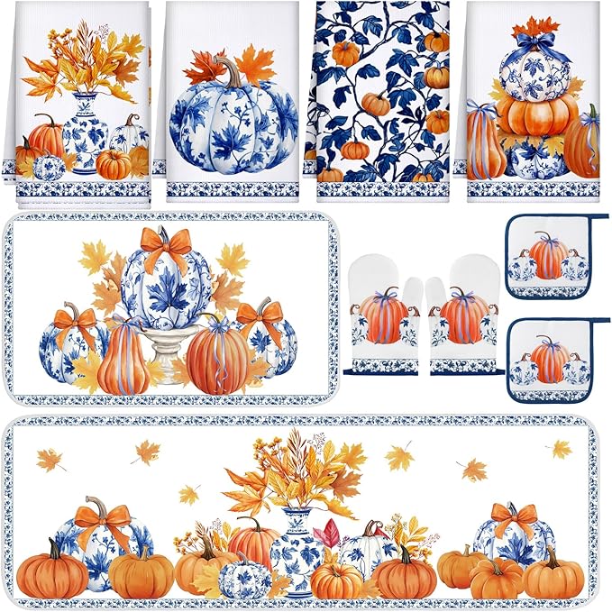 Fanfanwin 10 Pcs Thanksgiving Pumpkin Kitchen Decor Set Kitchen Towels Pot Holders Oven Mitts and Rugs Set Blue and White Porcelain Decor for Baking Cooking BBQ Home