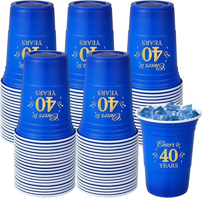 Ziliny 50 Pack 40th Birthday Cups 16 oz Cheers to 40 Years Disposable Plastic Cups Blue and Gold Birthday Party Hot Cold Drinks Tool for Party Wedding Anniversary Supplies Decorations