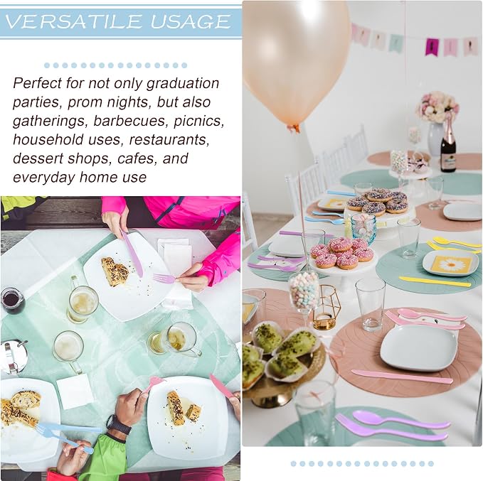 Kochorie 300 Pieces Graduation Pastel Plastic Silverware Heavy Duty Plastic Cutlery Set Heavyweight Disposable Utensils Includes Spoons Forks Knives for Birthday Wedding Dinner, Macaron Colors