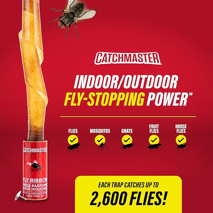 Catchmaster Fly Ribbon 20-Pack, Bug & Fruit Fly Traps Outdoor and Indoor, Premium Adhesive Sticky Strips & Gnat Hanging Strips, Bulk Flying Insect Paper Rolls, Pesticide-Free Home Pest Control