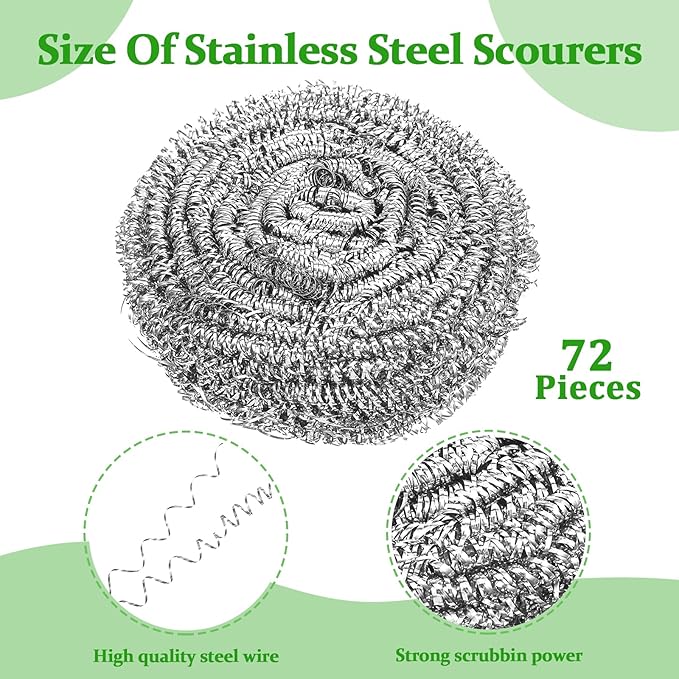 72 Pieces Stainless Steel Scrubber Bulk Steel Wool Scrubber Metal Sponge Wire Scouring Pad Heavy Duty Clean Dish Pot Pan and Oven for Kitchen, Bathrooms, and More