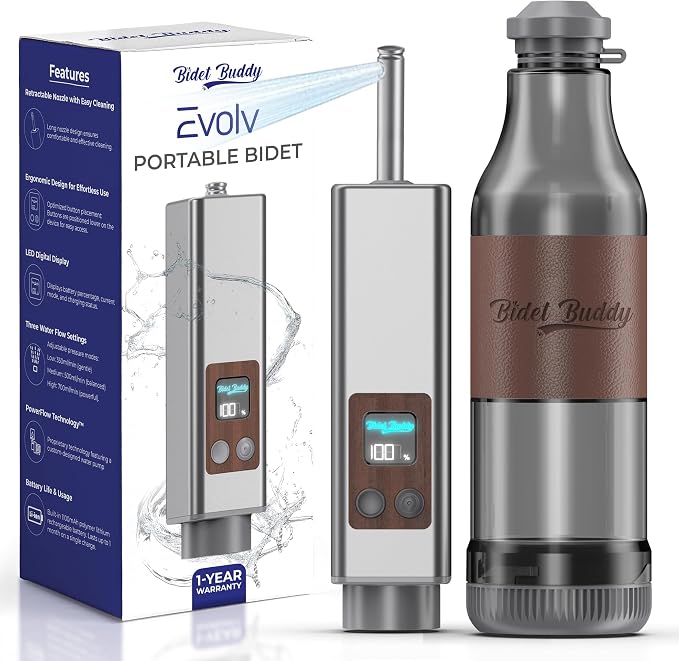 BIDET BUDDY® Evolv Portable Bidet for Travel – 530ml Bottle, Self-Cleaning Retractable Nozzle, 1100mAh Rechargeable, USB C Charging, IPX7 Waterproof with LED Display, 3 Water Flow Modes - Silver